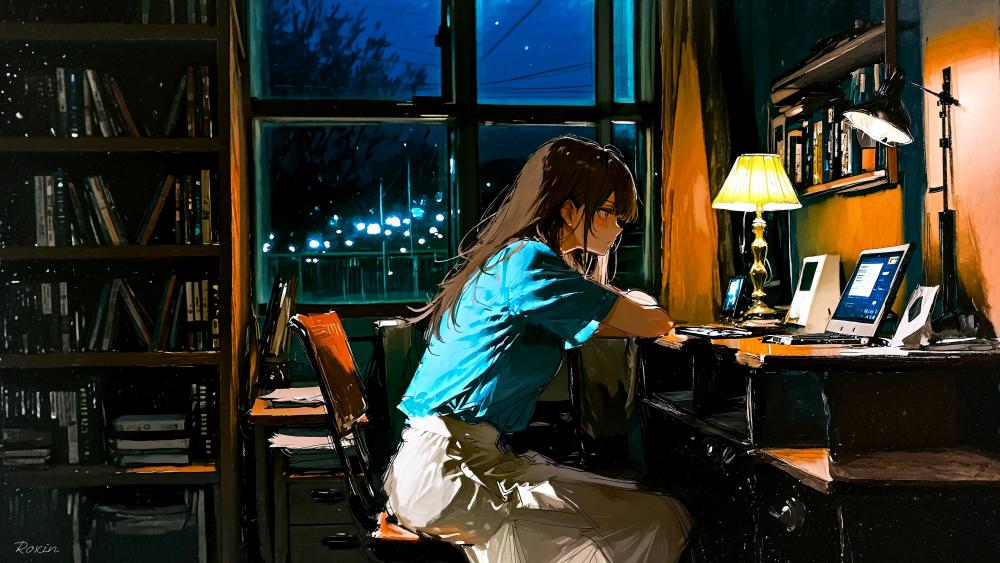 Serene Study in Animated Nighttime Ambiance wallpaper