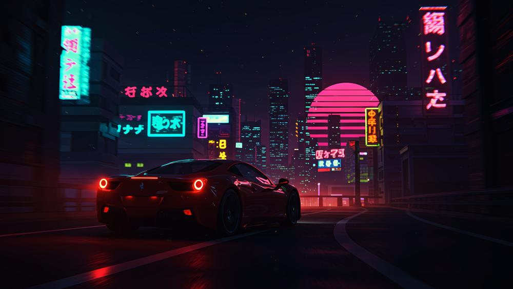 Neon Night Drive in a Futuristic Cityscape wallpaper