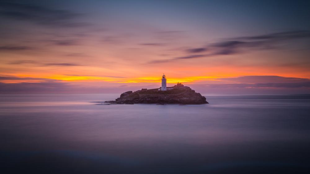 Godrevy Lighthouse at Dusk Tranquil Sea Views wallpaper