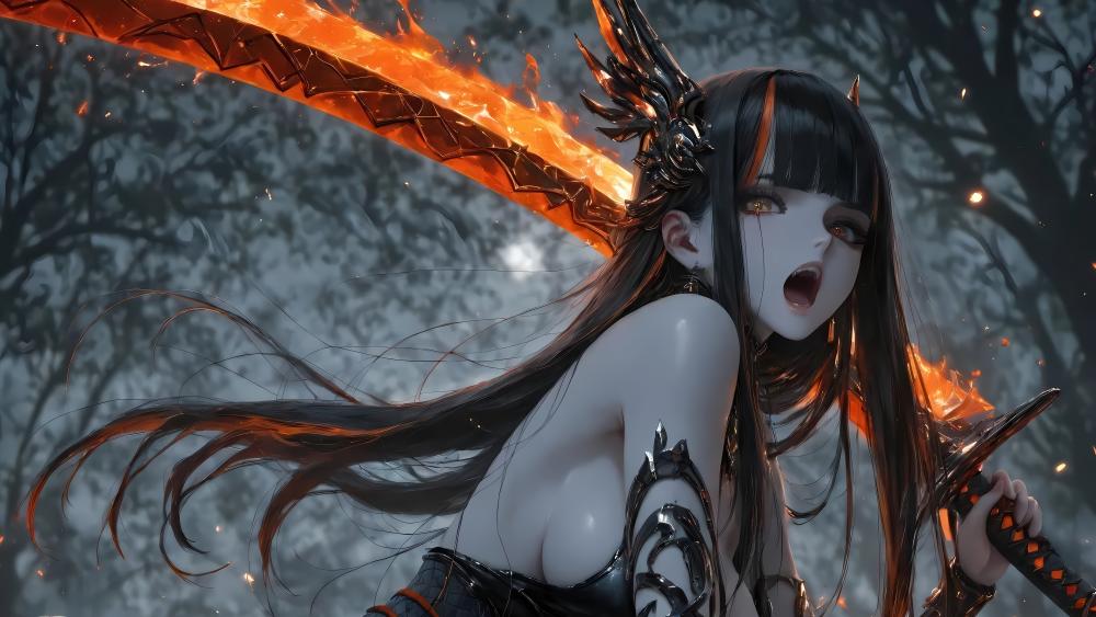 Fiery Blade Warrior in Enchanted Forest wallpaper