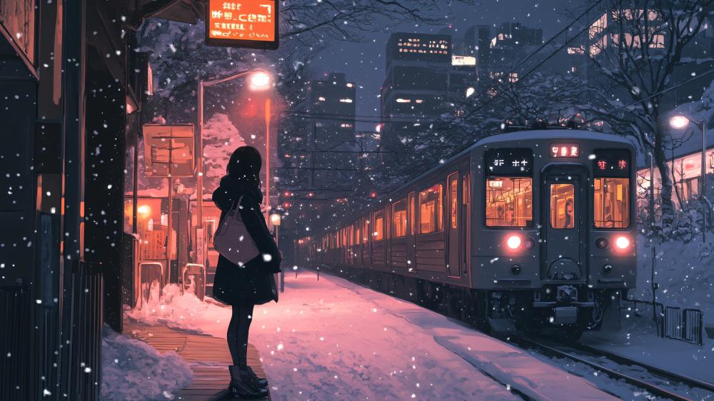 Snowy Night at an Anime Train Station wallpaper