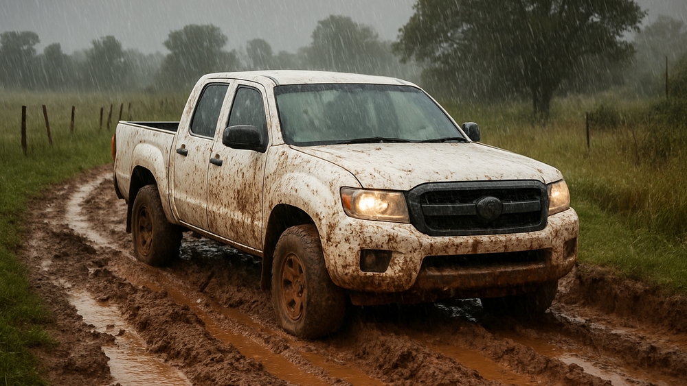Mud-Splattered Toyota Pickup in Off-Road Excitement wallpaper