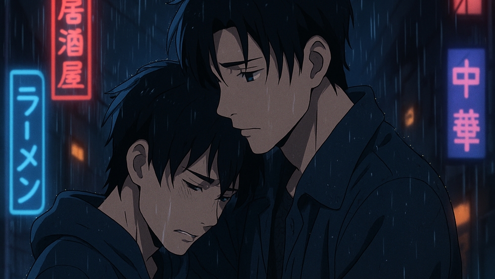 Heartfelt Reunion Under the Rainy Neon Skies wallpaper