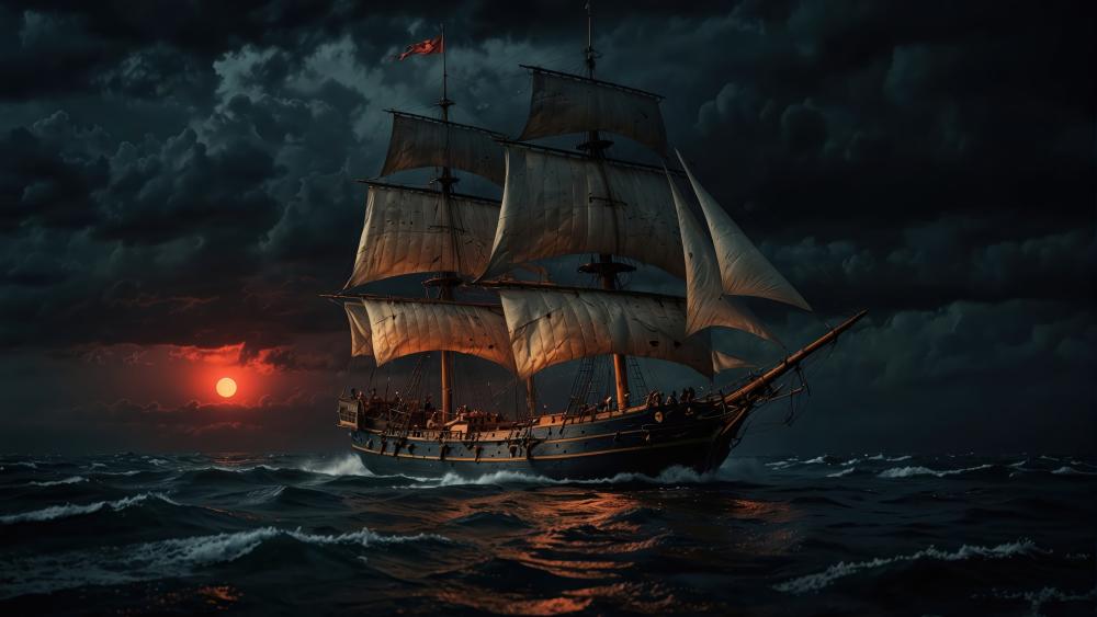 Mystical Voyage Under a Crimson Moon wallpaper