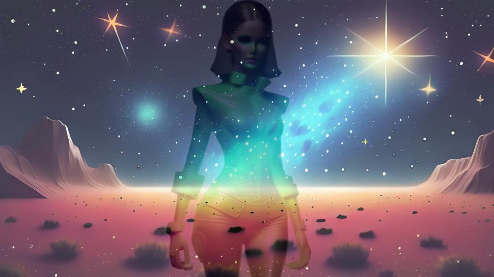 Futuristic Holographic Phantom in a Cosmic Desert wallpaper