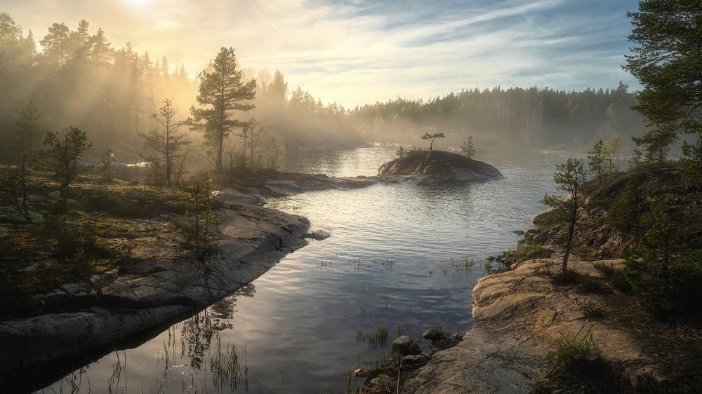 Misty Autumn River Scene with Islet Glow wallpaper