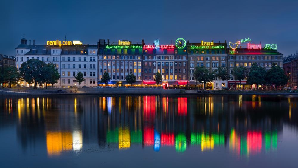 Copenhagen's Vibrant Night Reflections at Søerne wallpaper