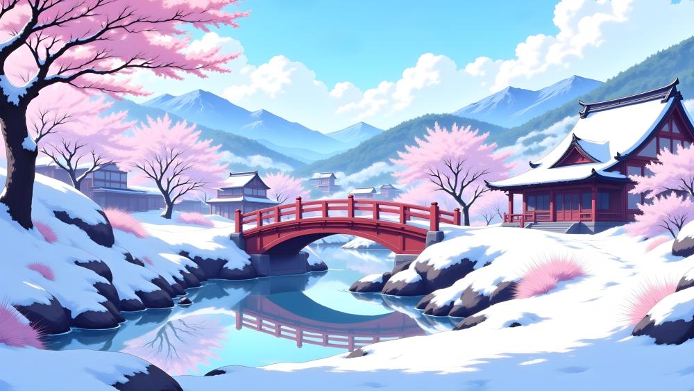 Japanese Winter Wonderland Fantasy Scene with Red Bridge wallpaper