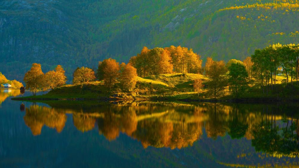 Autumn Reflections in Lavik Norway wallpaper