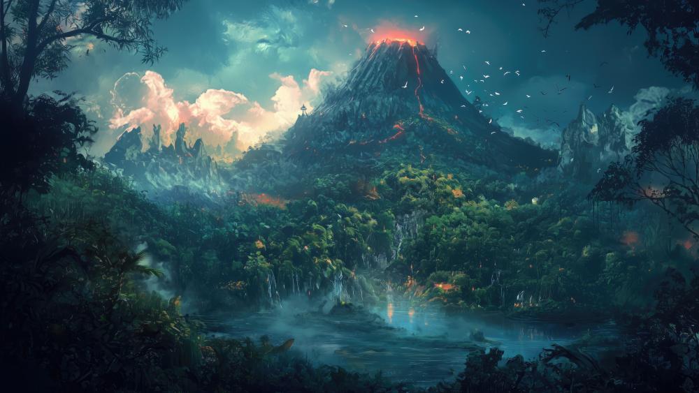 Fiery Peaks and Mystical Realms wallpaper