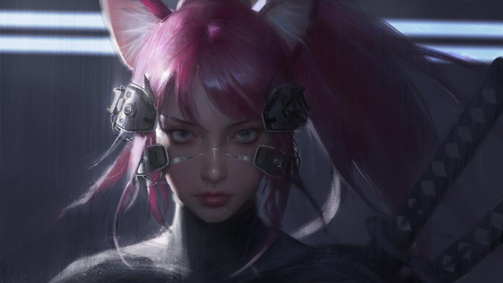 Futuristic Catgirl Warrior Awakens in Cyberpunk Realm wallpaper