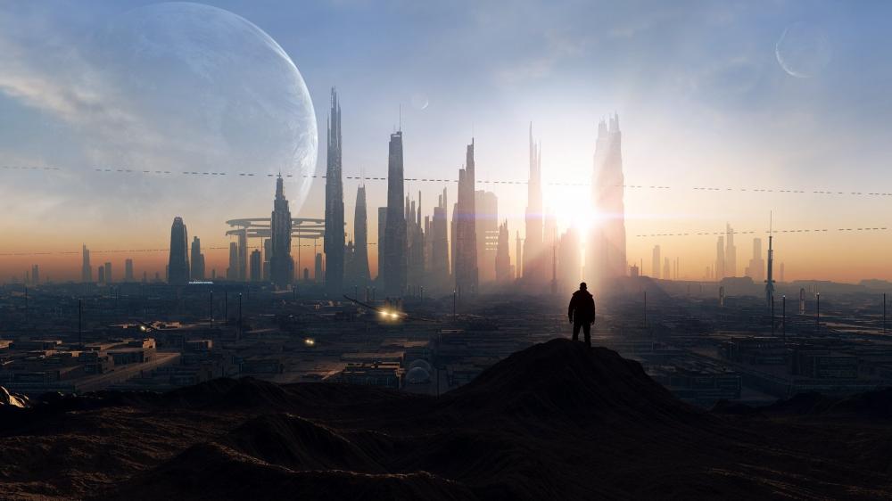 Futuristic Metropolis at Dawn in Sci-Fi Art wallpaper