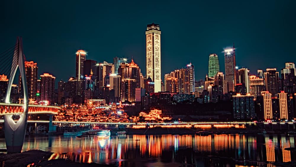 Chongqing City Lights and Skyscrapers at Night in 5K wallpaper