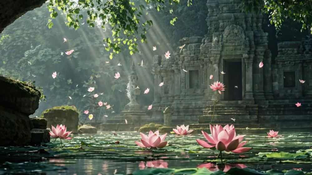 Mystical Lotus Sanctuary in Enchanted Ruins wallpaper