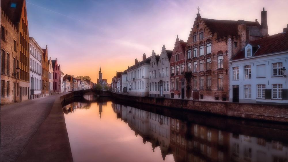 Bruges Canal at Dawn Serenity in Belgium Cityscape wallpaper
