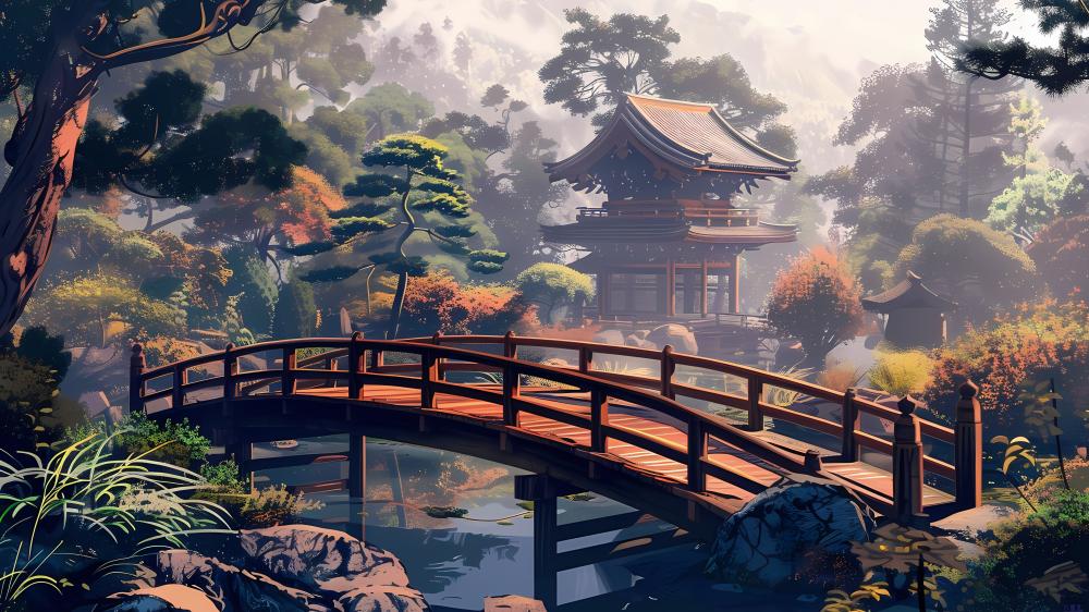 Serene Japanese Garden with Pagoda and Bridge wallpaper