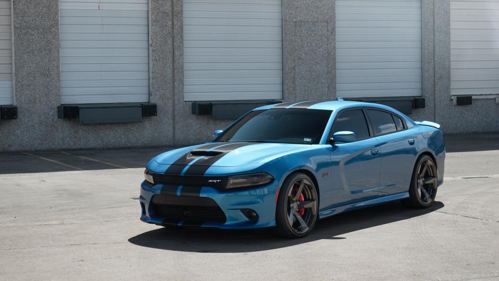 Muscle Power Blue Dodge Charger Displayed Outdoors wallpaper