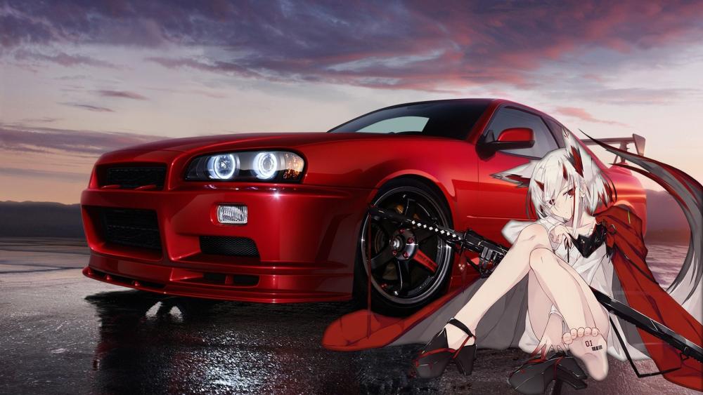 Nissan Skyline GT-R with Anime Kitsune Charm wallpaper