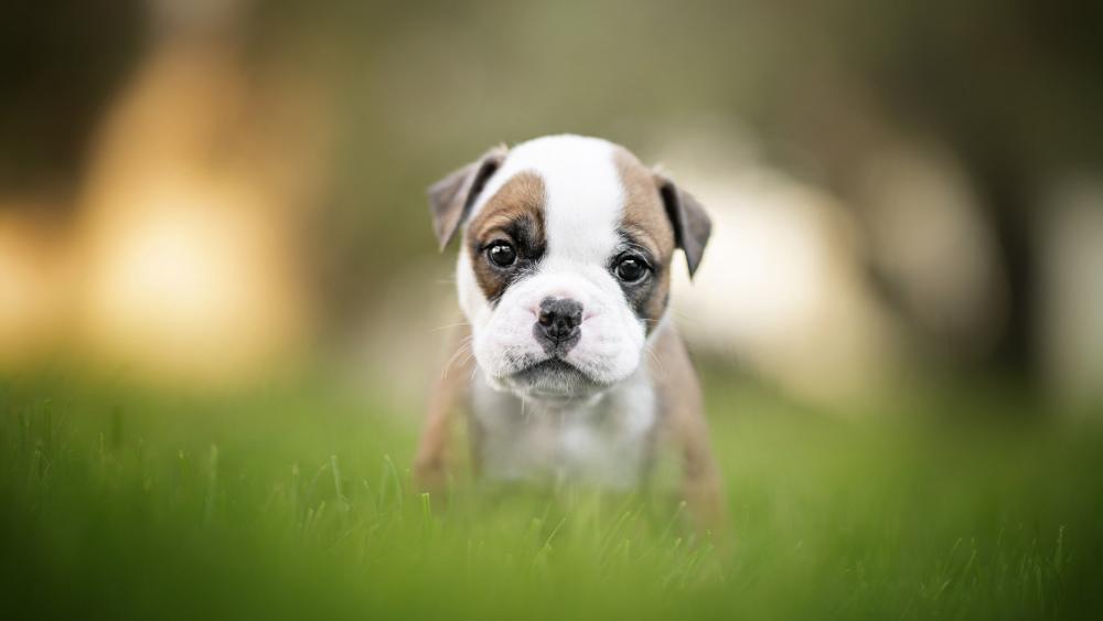 Bulldog Puppy in a Lush Green Meadow wallpaper