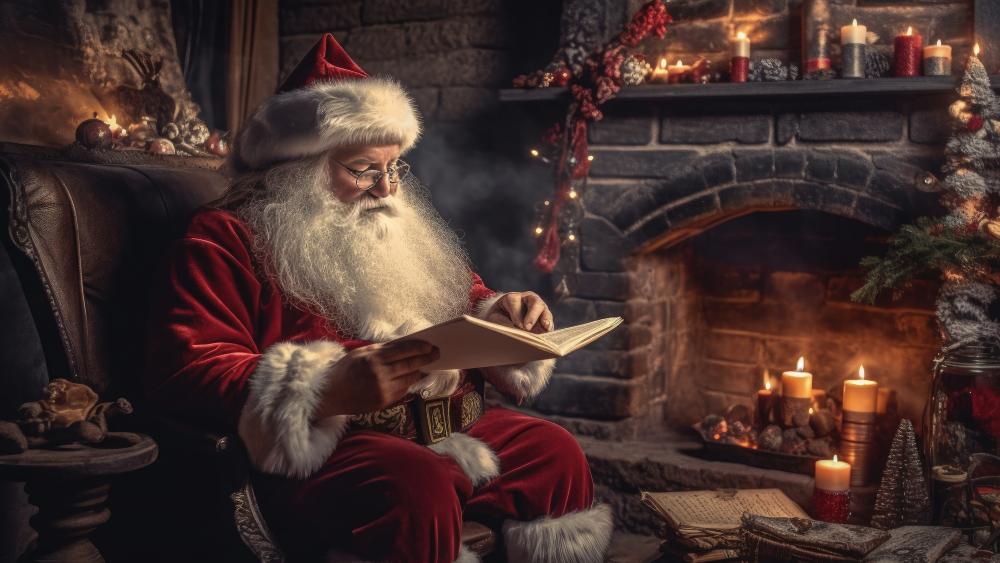 Christmas Eve by the Fireplace with Santa Reading wallpaper