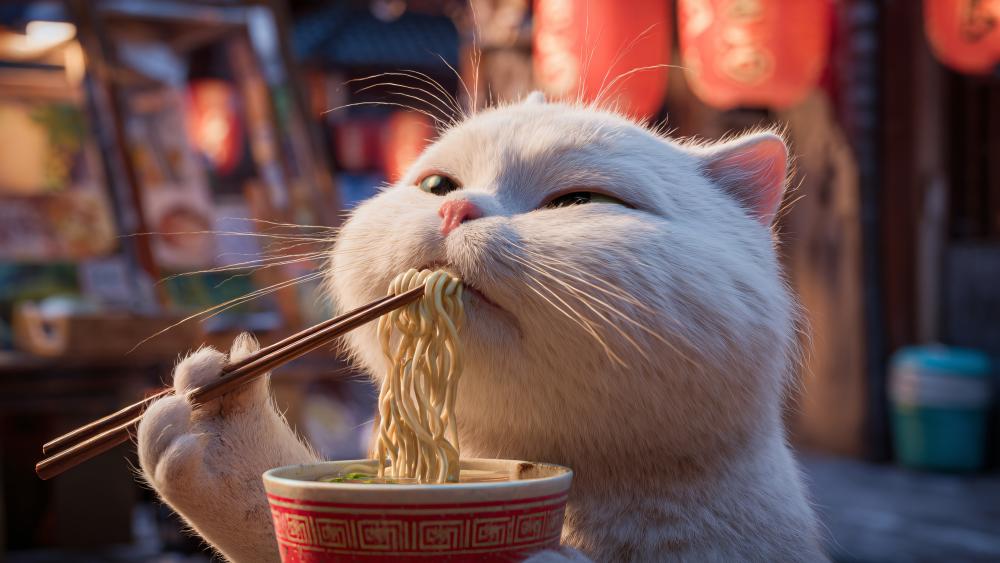 White Cat Lovingly Dines on Ramen wallpaper