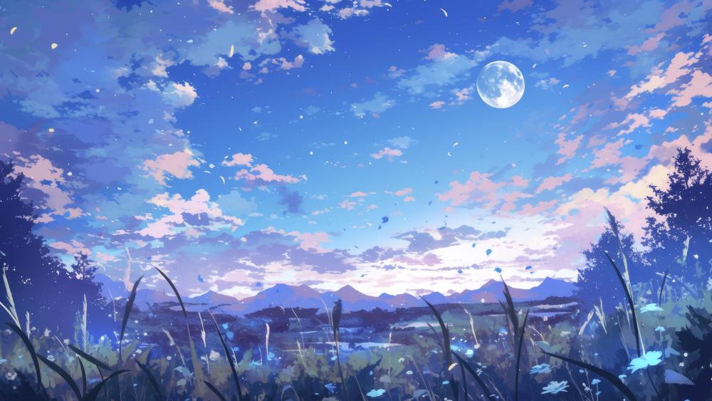 Whimsical Moonlit Anime Landscape wallpaper