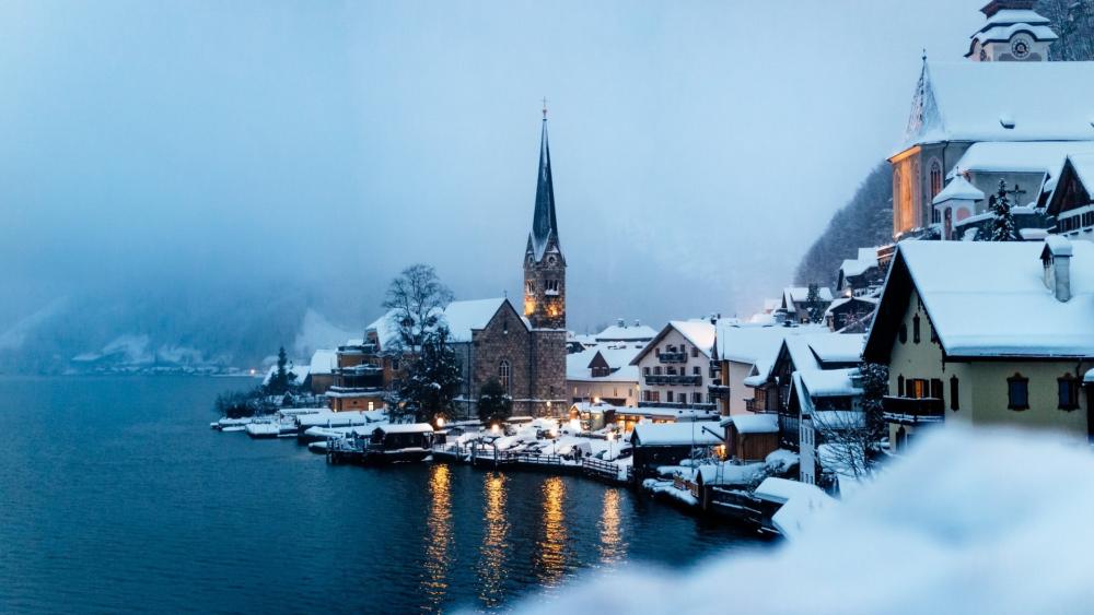 Snowy Oasis in a Lakeside Village wallpaper