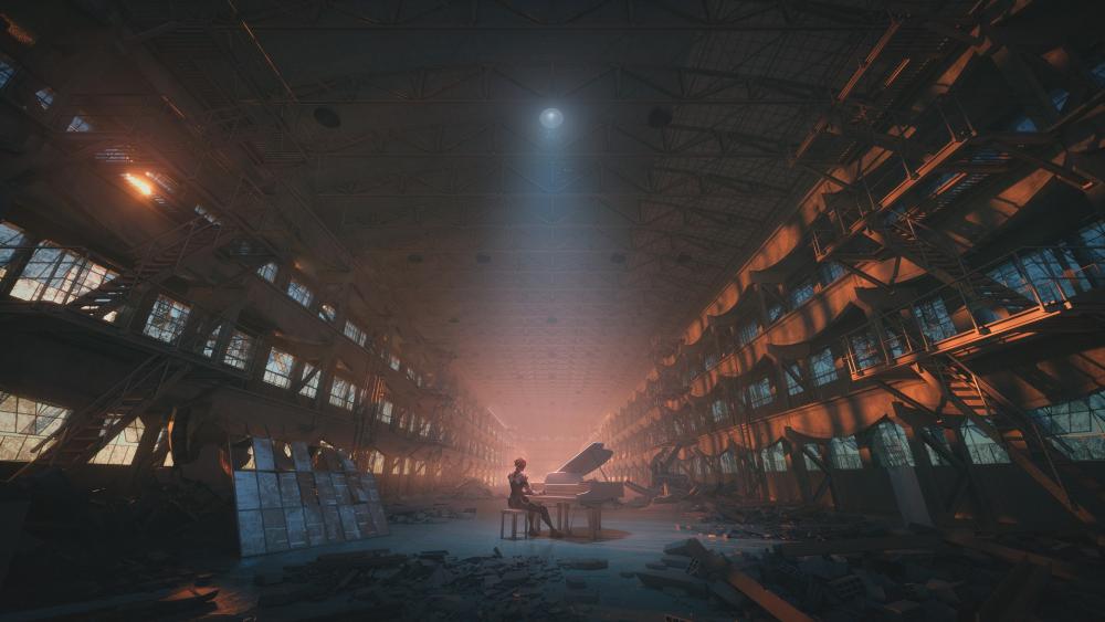 Melody of the Forgotten Chamber: Cyborg's Symphonic Elegy in Ruins wallpaper