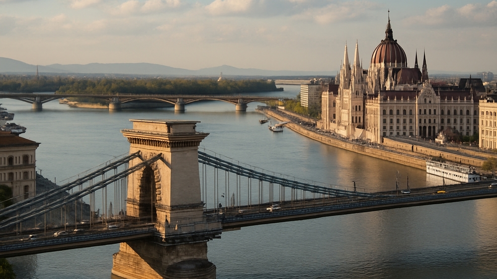 Majestic Chain Bridge Over Serene Danube River in Budapest wallpaper