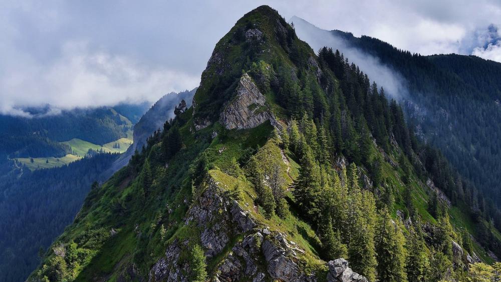 Majestic Mountain Peak Above Lush Green Hills wallpaper