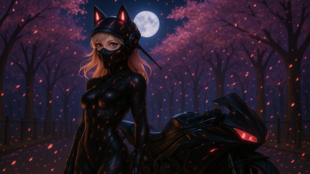 Futuristic Biker Girl Under Moonlight wallpaper