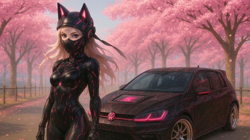 Feline Futurism Amid Cherry Blossoms: A Neon Night Adventure wallpaper