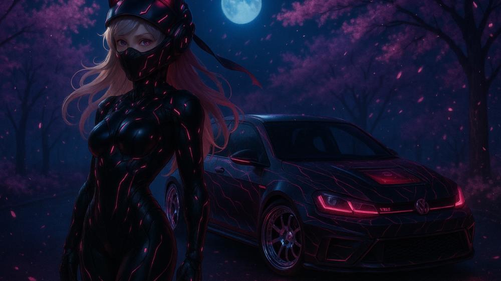 Cyberpunk Dream with Feline Warrior and Glowing Ride wallpaper