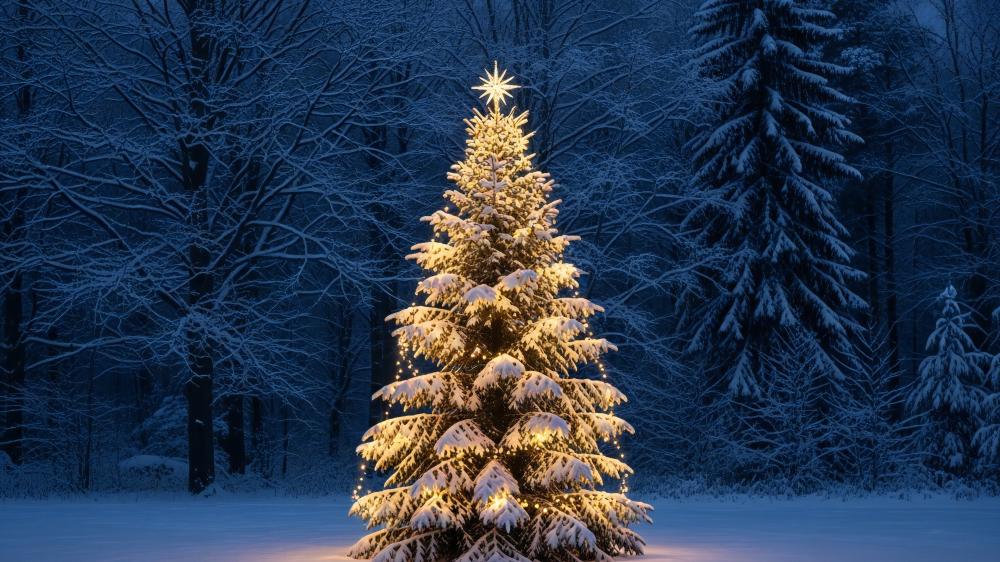 Glowing Christmas Tree in Snowy Forest Scene wallpaper