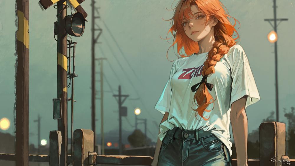 Urban Evening with Enigmatic Redhead Anime Character wallpaper
