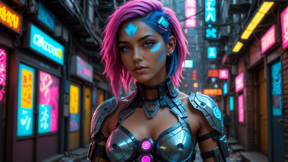 A cyberpunk pink hair girl wearing tech outfit in a futuristic street looks stunning wallpaper