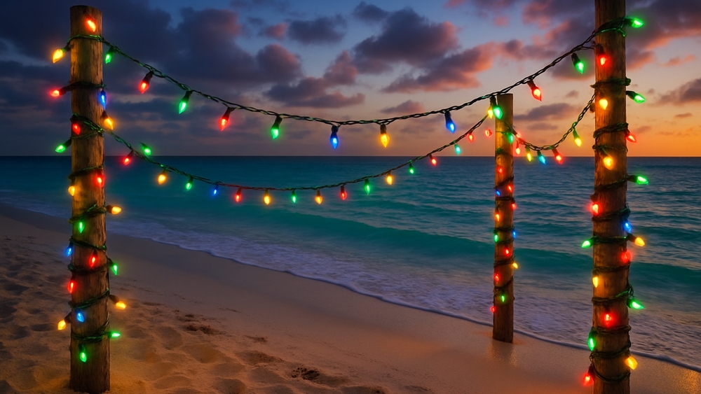 Tropical Beach Sunset with Colorful Lights wallpaper