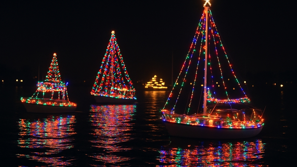 Festive Boats Illuminated at Night wallpaper