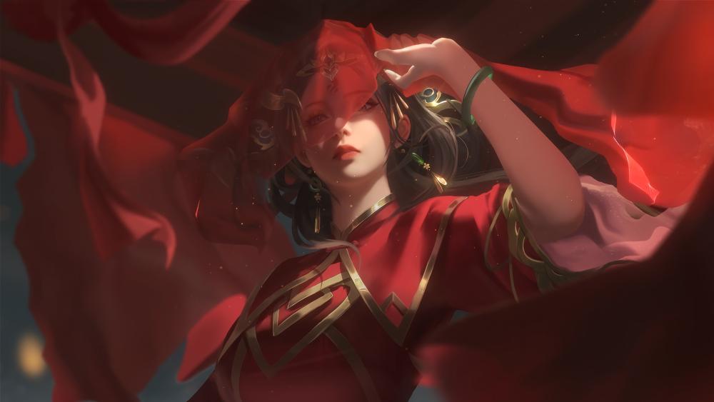 Mystical Beauty in Flowing Red Fabric wallpaper