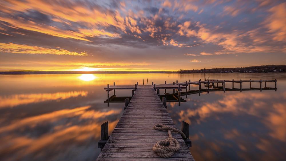 Golden Sunset Over Ammersee Lake Pier wallpaper