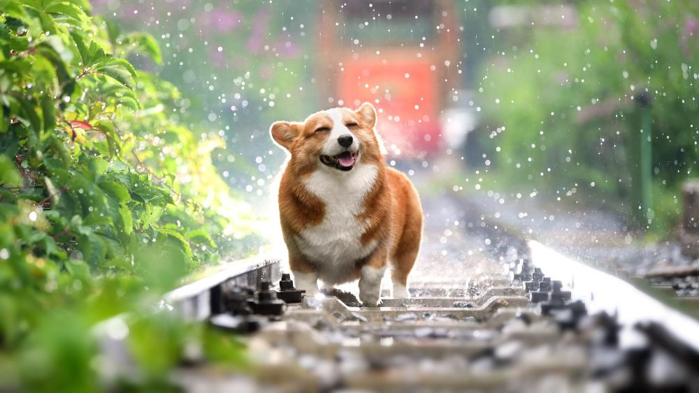 Joyful Corgi on Rainy Train Tracks wallpaper