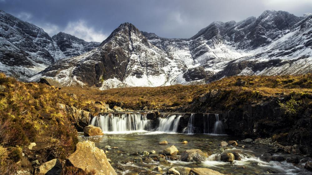 Majestic Mountains and Serene Waterfalls in Nature's Splendor wallpaper