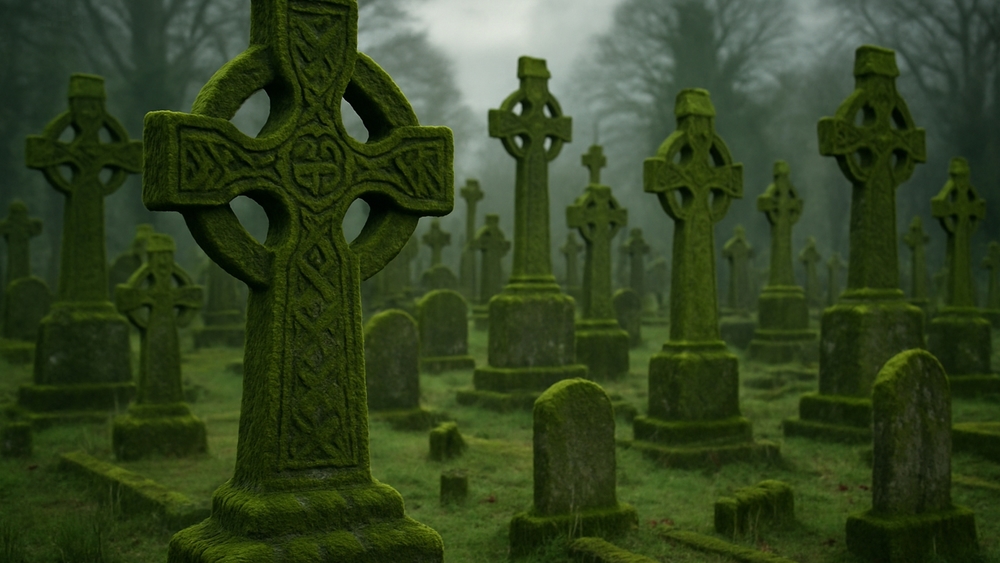 Mystical Celtic Graveyard in Foggy Serenity wallpaper