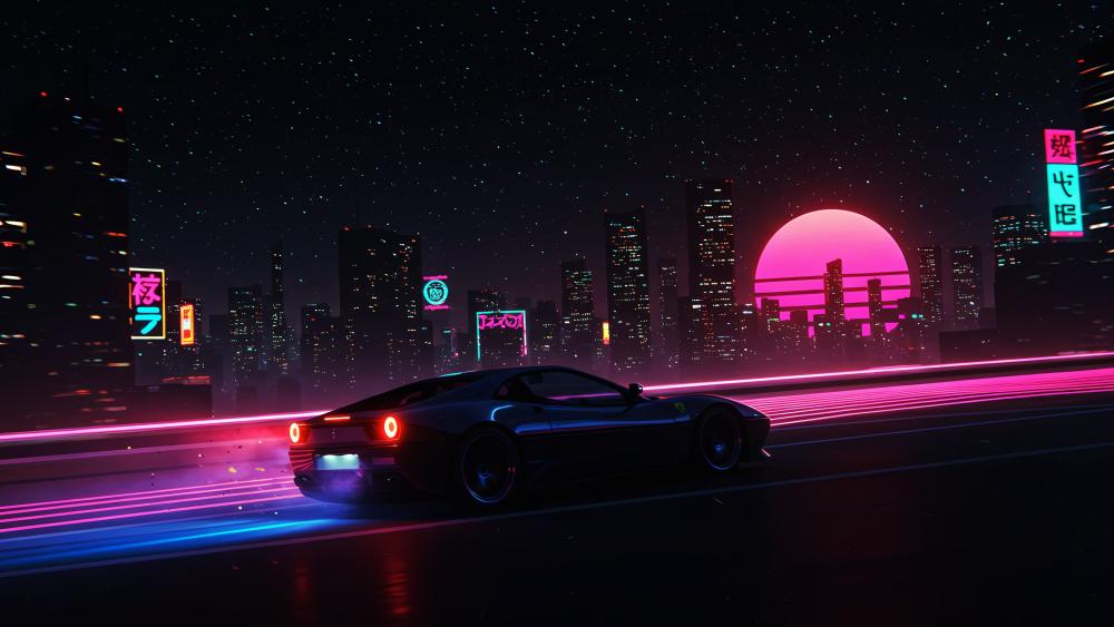 Neon City Nights with a Classic Car wallpaper