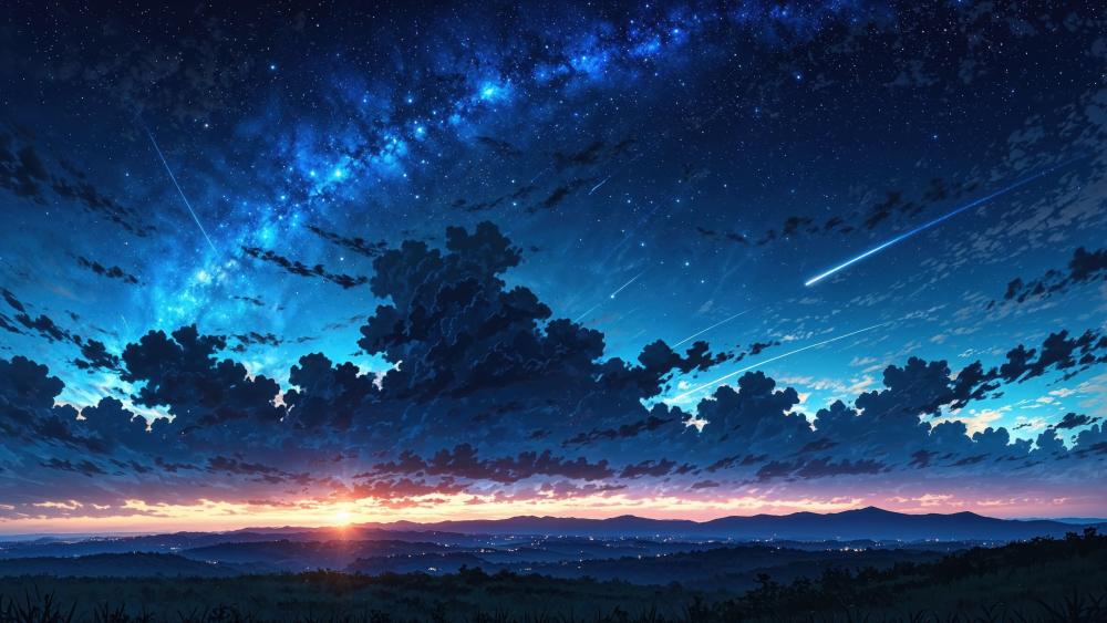 Starry Anime Night Landscape with Milky Way wallpaper