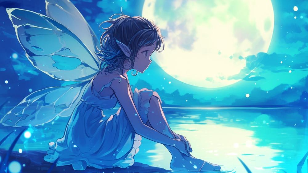 Whimsical Anime Fairy by Moonlit Lake wallpaper