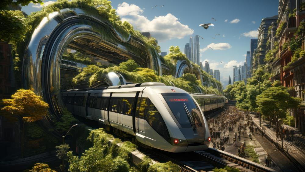 Futuristic High-Speed Train in a Green City wallpaper