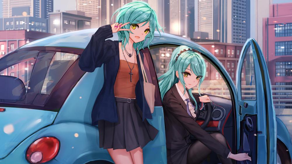 Charming Anime Duo in Urban Adventure wallpaper