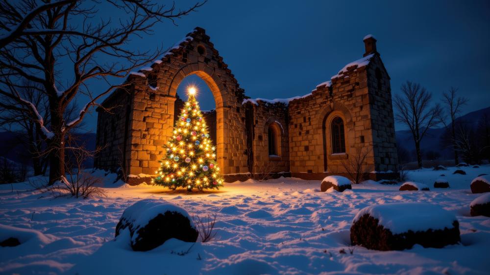 Snowy Christmas Serenity with a Glowing Tree wallpaper