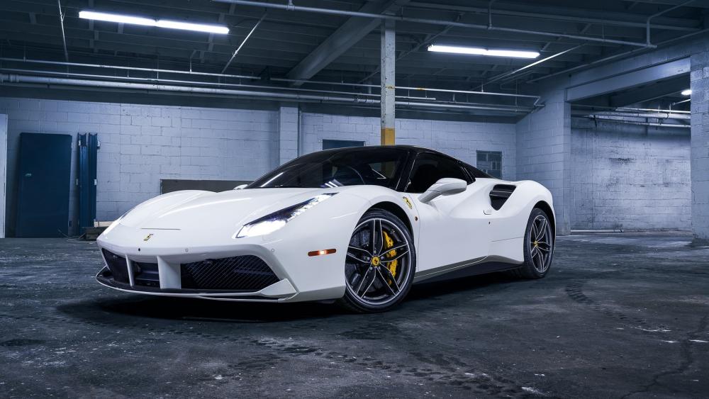 White Ferrari 488 in Urban Shelter wallpaper